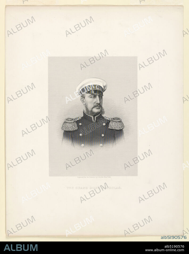 Portrait of Nicholas Romanov, Grand Duke of Russia, G. R. Hall, Steel engraving on paper, Bust length portrait of Nicholas Romanov, Grand Duke of Russia (1856-1929), shown in naval uniform, facing frontally, his gaze directed slightly to the right., USA, ca. 1840-1850, Print, Print.