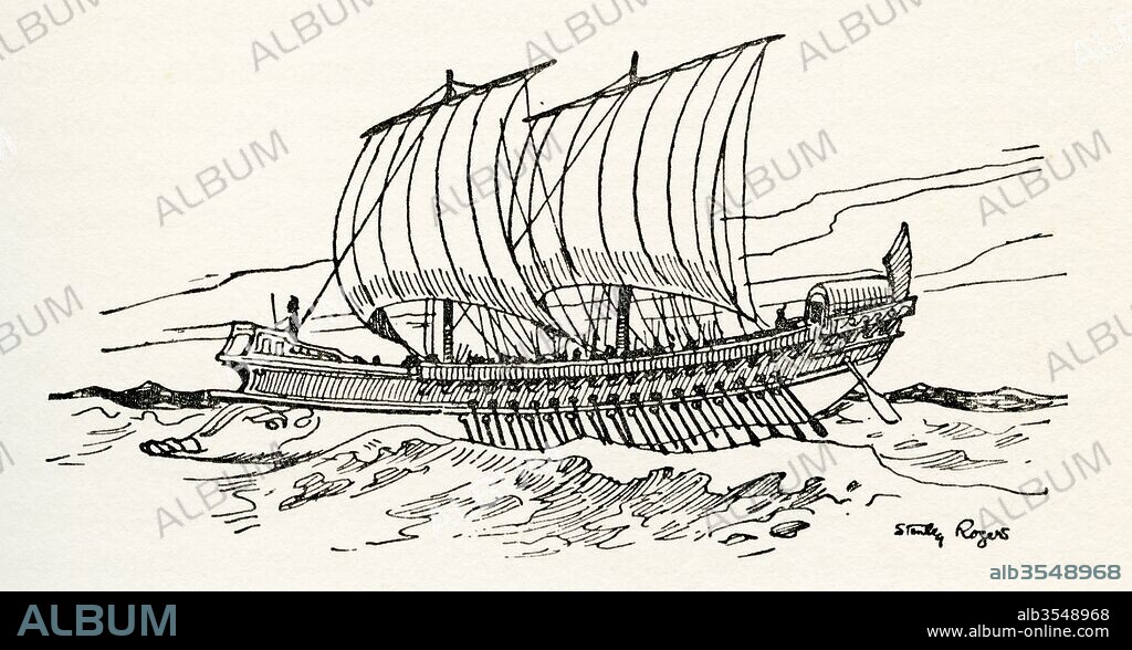 A Greek Bireme, ancient oared warship, or galley, with two decks of oars. From The Romance of the Merchant Ship, published 1931.
