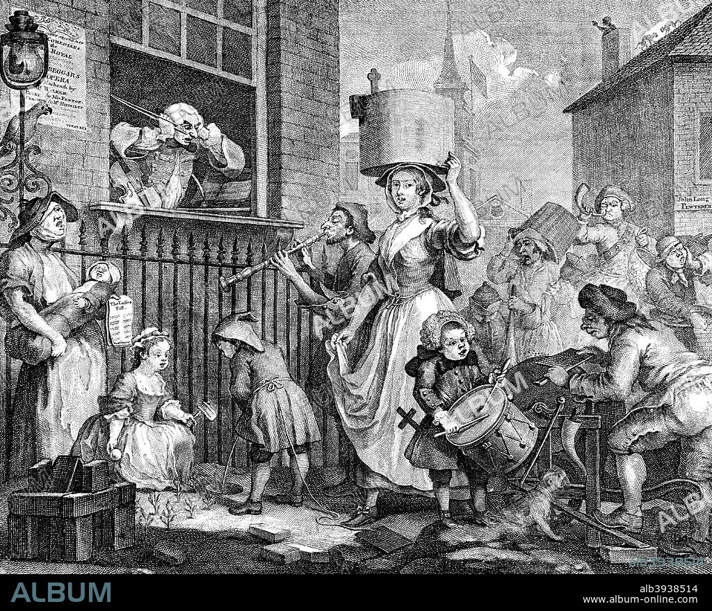 'The Enraged Musician', 1741. A musician is unable to concentrate because of the din outside in the street, which emanates from an oboe player, a dustman, knife-grinder, milkmaid crying her wares, ballad-singer, drummer and others. Illustration from Social Caricature in the Eighteenth Century ... With over two hundred illustrations by George Paston [pseudonym of Emily Morse Symonds], (London, 1905).