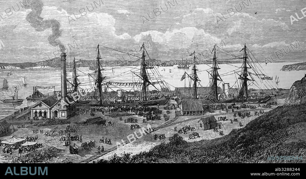 Engraving depicting the Calliope Dock, a historical stone dry dock on the grounds of the Devonport Naval Base, in Devonport, Auckland, New Zealand. Dated 19th Century.