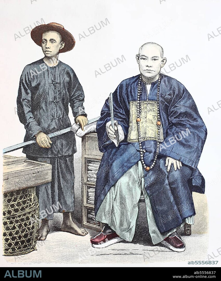 Folk traditional costume, clothing, history of costumes, Southern Chinese and merchant in Penang, China, 1880, digitally restored reproduction of a 19th century original, exact date unknown, Asia.