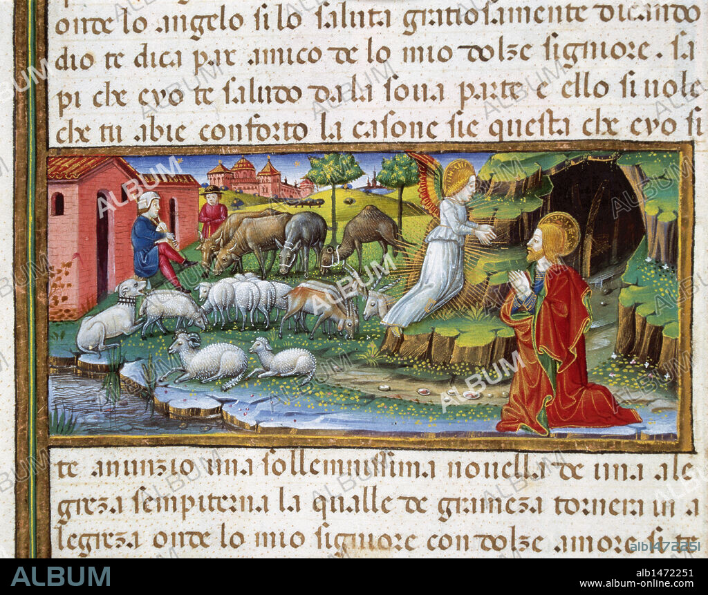 "ANUNCIAMIENTO DEL ANGEL A JOAQUIN". Página miniada del CODICE DE PREDIS. Renacimiento-Quattrocento (s. XV). Biblioteca Real. Turín. Italia.