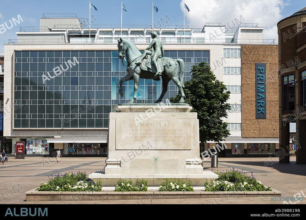 Lady Godiva statue, Broadgate, Coventry, West Midlands, 2014. View from the south of the statue by William Reid Dick unveiled in 1949.