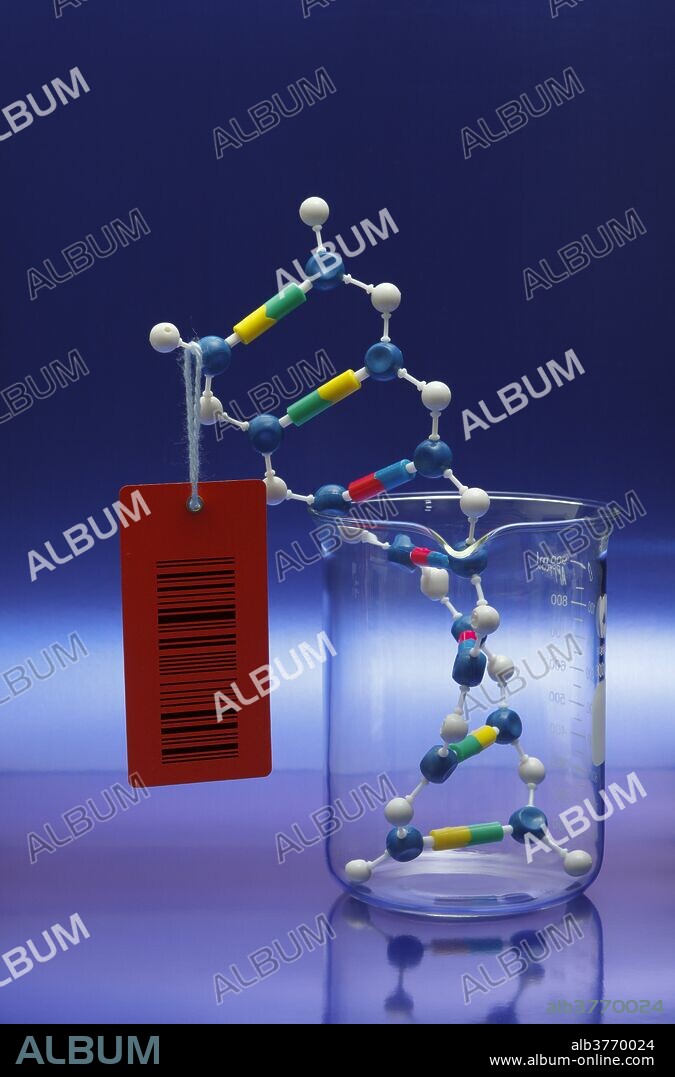 DNA double helix ball-and-stick color-coded model with a barcode tag attached. Blue: deoxyribose, white: phosphate group, green: adenine, yellow: thymine, red: cytosine, light blue: guanine.