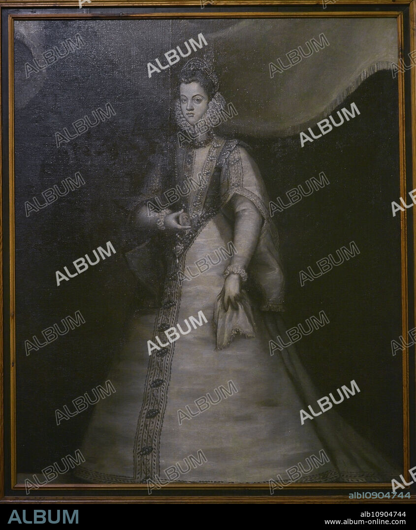 BLAS DE PRADO (CA. 1545-1599). SPANISH PAINTER.. Isabella Clara Eugenia (1566-1633). Infanta of Spain, sovereign of the Spanish Netherlands (1598-1621) and governor of the Low Countries (1621-1633) with her husband, Archduke Albert VII. The daughter of King Philip II of Spain and Elizabeth of Valois. Portrait of the Infanta Isabel Clara Eugenia by the Spanish painter Blas de Prado (ca. 1545-1599), 1583. Grisaille oil on canvas. Museum of Santa Cruz. Toledo. Spain.