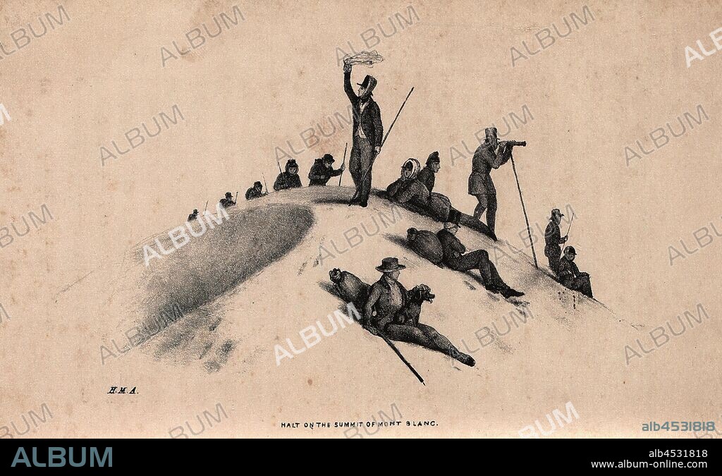 Halt on the summit of Mont Blanc, Summit Rest on Mont Blanc, Signed: H.M. A, J. Netherdift Lithog, to S., Atkins, Henry Martin; Netherdift, J. (lith.), 1838, Henry Martin Atkins: Ascent to the summit of Mont Blanc, on the 22d and 23rd of August 1837. London: Calkin & Budd, 1838.
