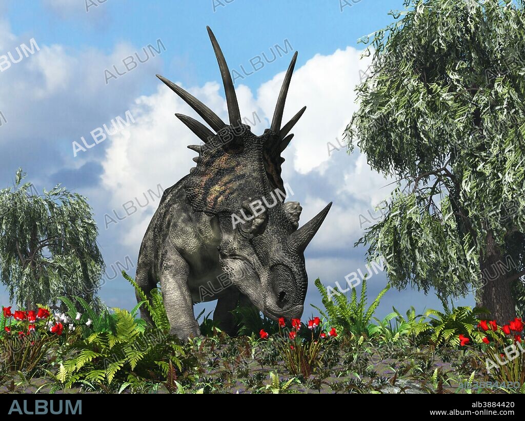 A 17-foot-long, three ton herbivorous ceratopsian dinosaur of the genus Styracosaurus samples flowers of the order Ericales amidst varieties of fern 76 million years ago in North America. Flanking the Styracosaurus are willows of the genus Salix.