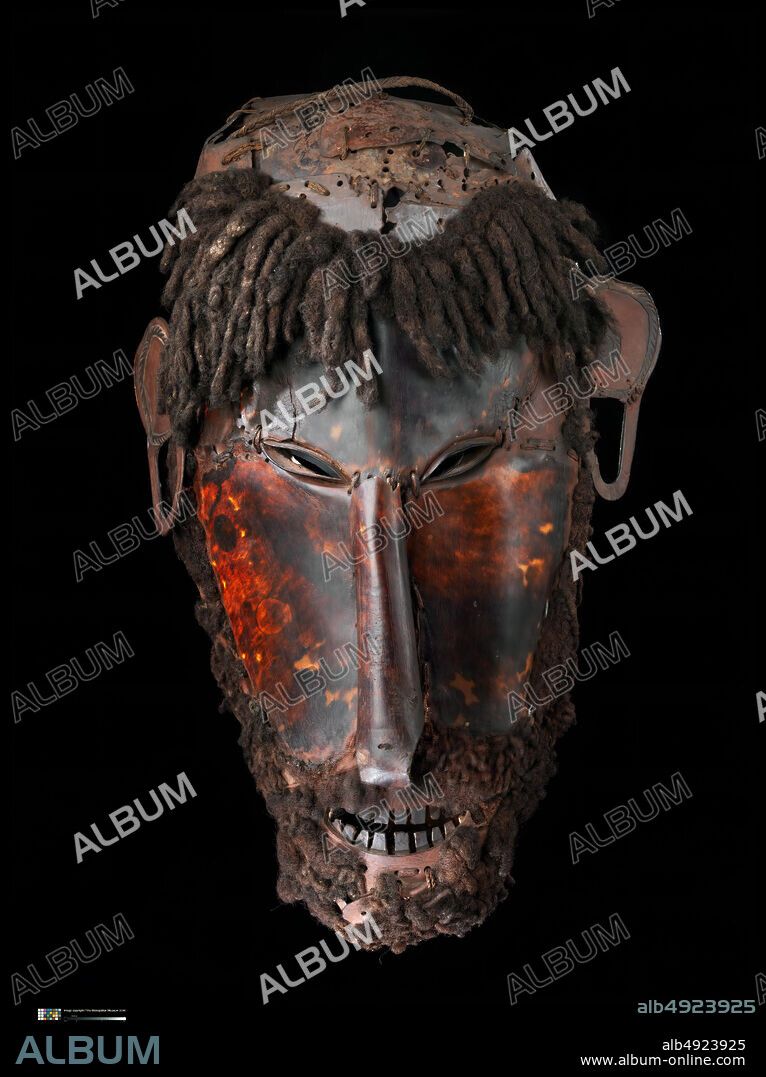 Mask (Le op), Torres Strait Islander, mid to late 19th century, Australia, Erub Island, Queensland, Torres Strait, Torres Strait Islander, Turtle shell, hair, fiber, pigment, H. 16 1/8 in. (41cm), Shell-Sculpture.