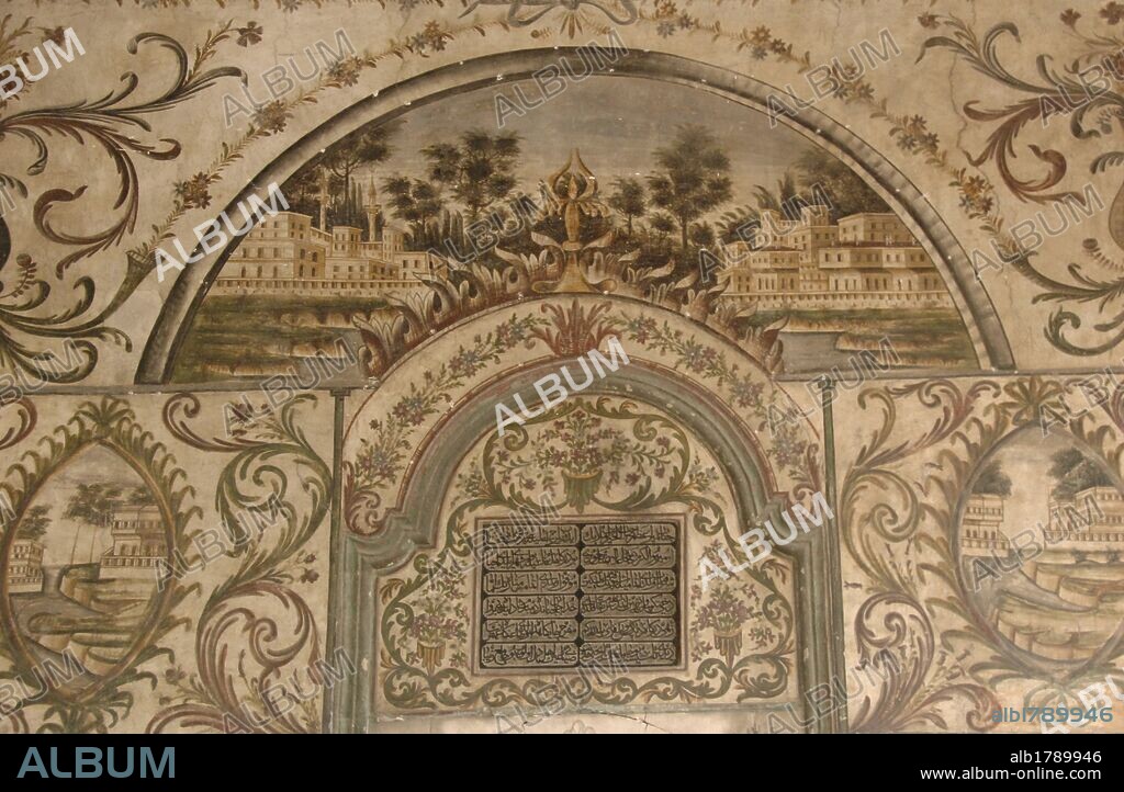 Albania. Tirana. The Et'hem Bey Mosque. Construction was started in 1789 by Molla Bey and it was finished in 1823 by his son Haxhi Ethem Bey, great-grandson of Sulejman Pasha. Inside. Frescoes.