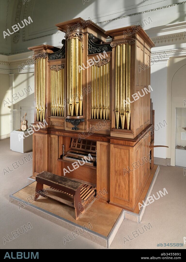 Pipe Organ, 1830, Boston, Massachusetts, United States, American, Mahogany veneer, rosewood veneer, pine, gilt, ivory, ebony, maple, walnut, chestnut, Height: 16 ft. 1 in. (490.2 cm), Aerophone-Organ, Thomas Appleton (American, 1785–1872), This organ is the oldest and finest extant product of the renowned Boston craftsman Thomas Appleton (1785-1872). Built in 1830, probably for South Church in Hartford, Connecticut, it was reinstalled by Emmons Howard in 1883 at Sacred Heart Church in Plains, Pennsylvania, where it was discovered unused and neglected in 1980.
