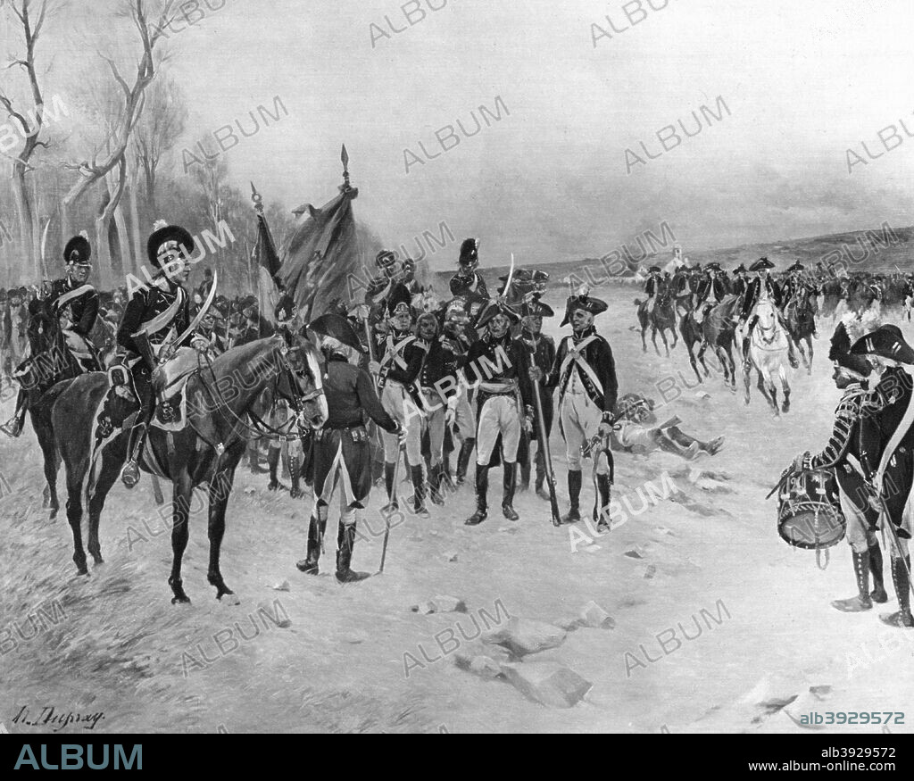 Battle of Ballinamuck, Ireland, 1798. The Battle of Ballinamuck marked the defeat of the main force of the French incursion during the 1798 Rebellion in Ireland. A print from Fifteen Decisive Battles of British History, printed and published by Charles Letts and Co, London.