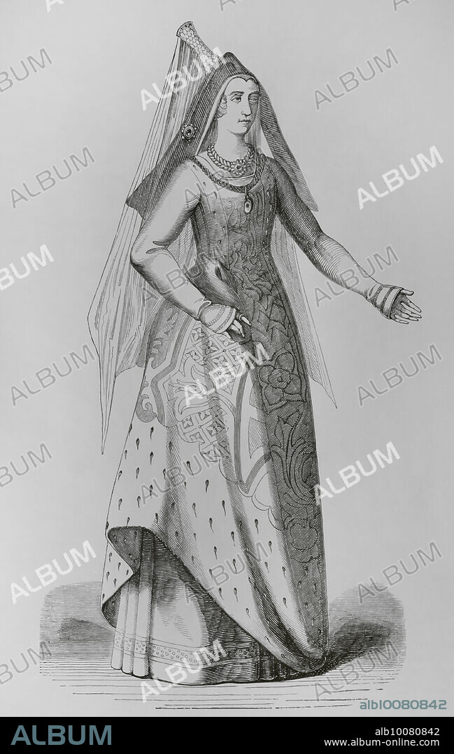 María de Borgoña (1457-1482). Duquesa de Borgoña. Retrato. Grabado. "Moeurs, usages et costumes au moyen-âge et à l'époque de la Renaissance", por Paul Lacroix. París, 1878.