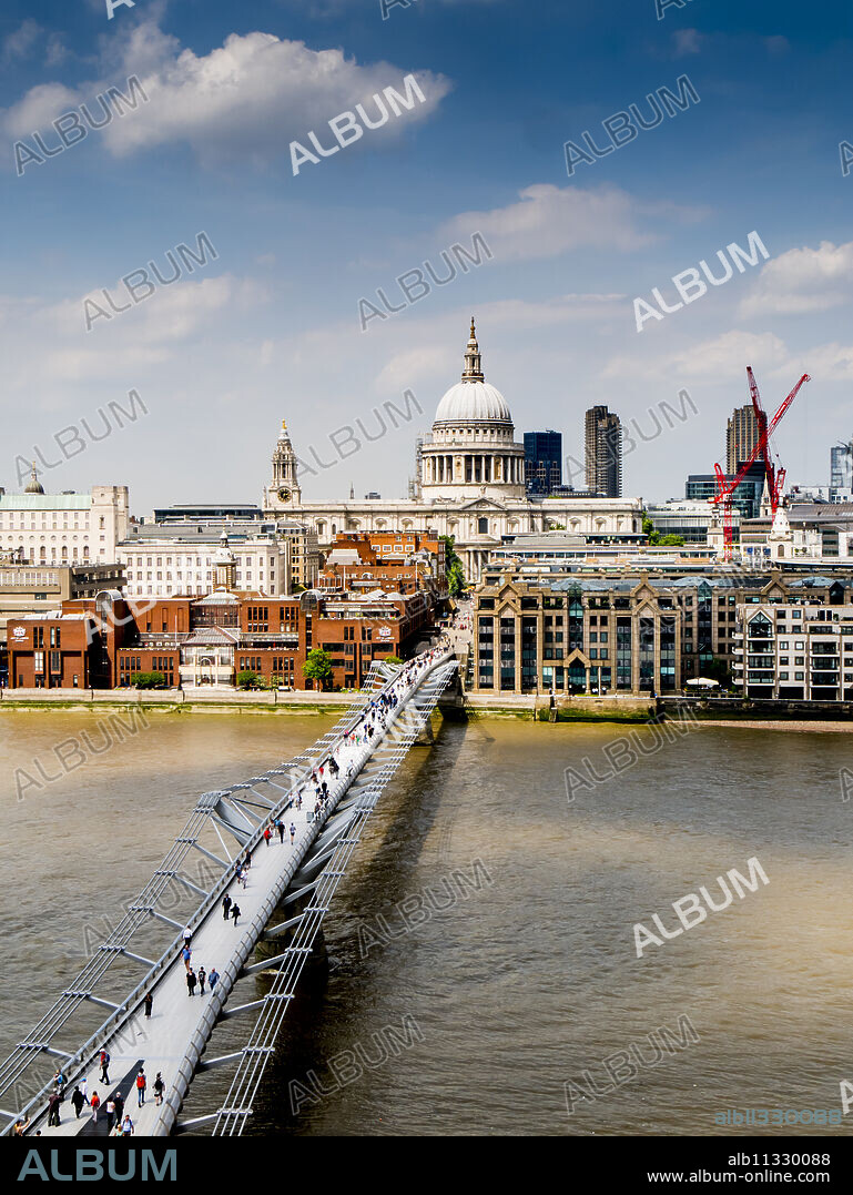 St. Paul's Cathedral and Millennium Bridge from the Tate Gallery, London, England, United Kingdom, Europe.