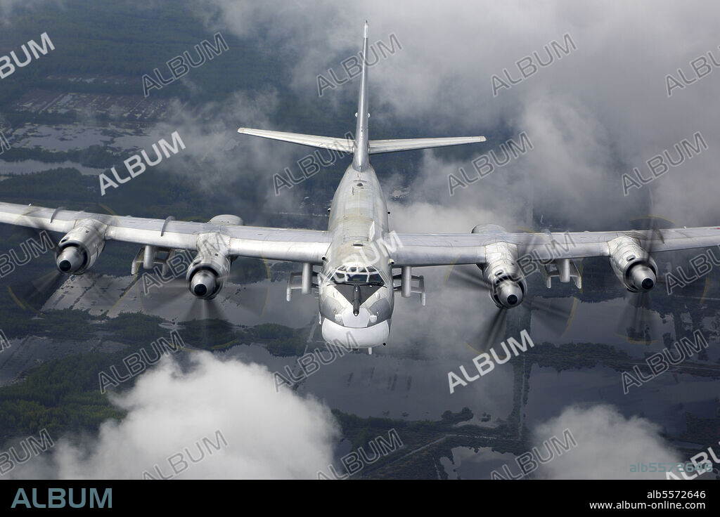Tupolev Tu-95MS strategic bomber of the Russian Air Force at Victory day parade rehearsal, Moscow region, Russia.