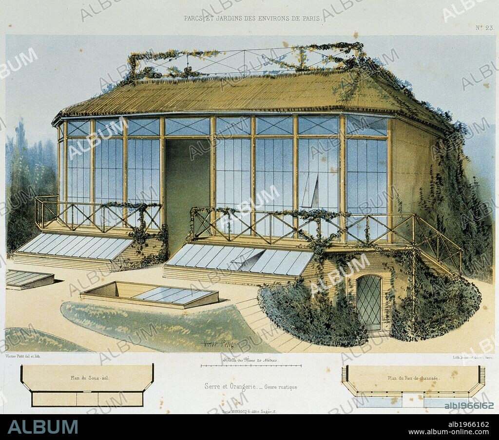 Hothouse and rustic-style orangerie, lithograph taken from Parcs et Jardins des environs de Paris by Victor Petit. France, 19th century.