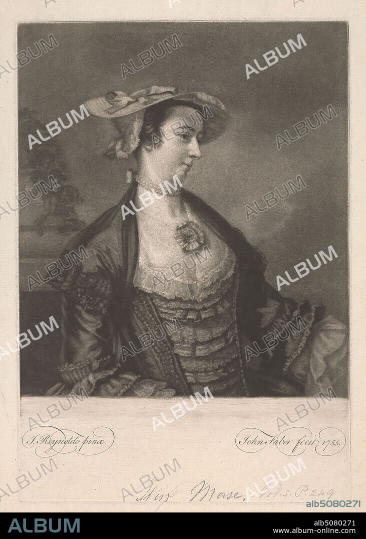 Miss Meux, John Faber the Younger, ca. 16951756, Netherlandish, active in Britain, after Sir Joshua Reynolds RA, 17231792, British, 1755, Mezotint on medium, slightly textured, cream, laid paper, Sheet: 14 × 10 inches (35.6 × 25.4 cm), Plate: 12 15/16 × 8 7/8 inches (32.9 × 22.5 cm), and Image: 10 1/8 × 8 13/16 inches (25.7 × 22.4 cm).