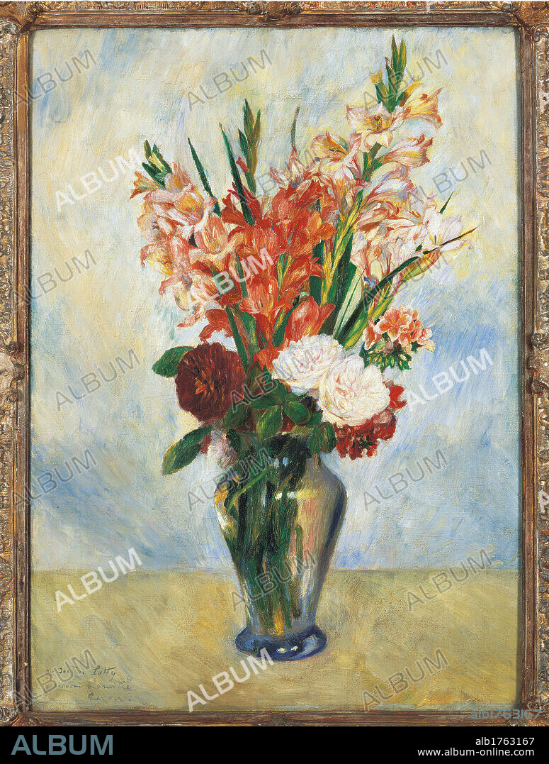 Flowers in a Vase Gladioluses, by Pierre-Auguste Renoir, 1885 about, 19th Century, oil on canvas, 75 x 54,5. France, Ile de France, Paris, Muse dOrsay, RF1973-21. All. Flowerpot Gladiolus table azure light blue green red.