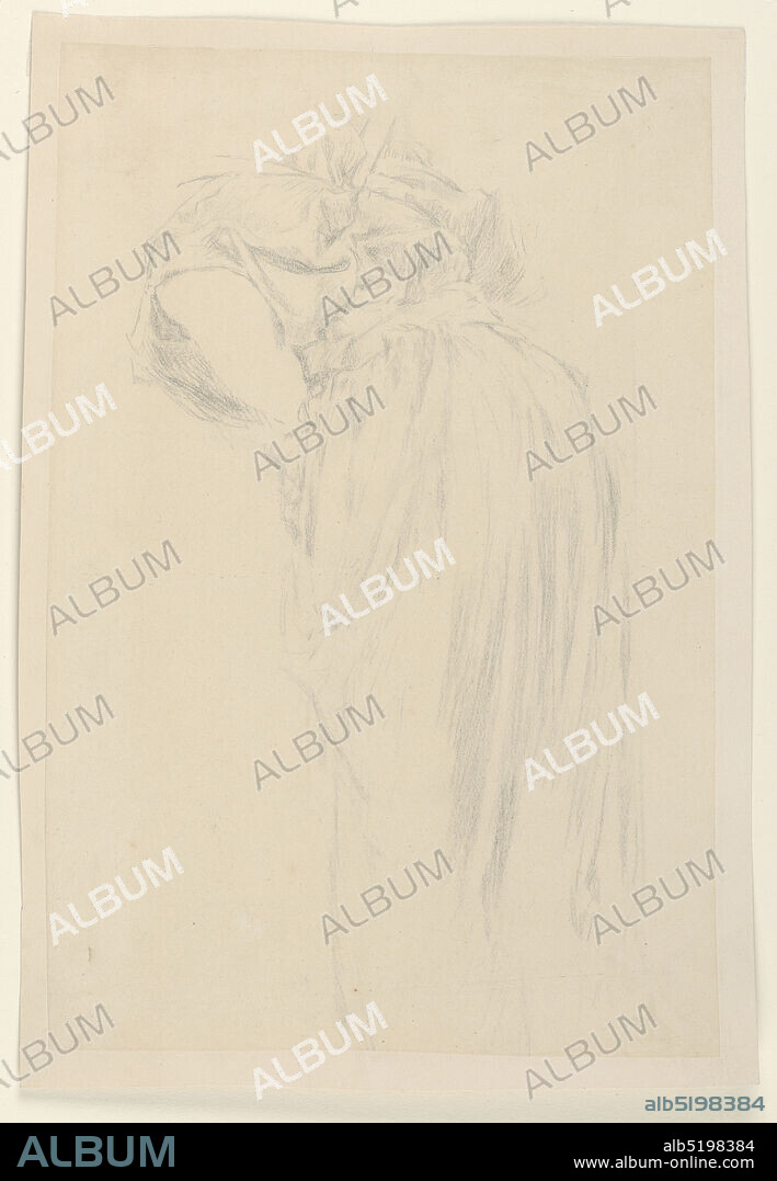 Study for a woman, Vintage Festival, Mendelssohn Glee Club, New York, NY, Robert Frederick Blum, American, 18571903, Graphite on tracing paper mounted to board, Sketch of a female figure leaning over a pedestal. Most of the body is shown without the head, the right forearm, the feet., New York, NY, USA, 18951898, figures, Drawing, Drawing.