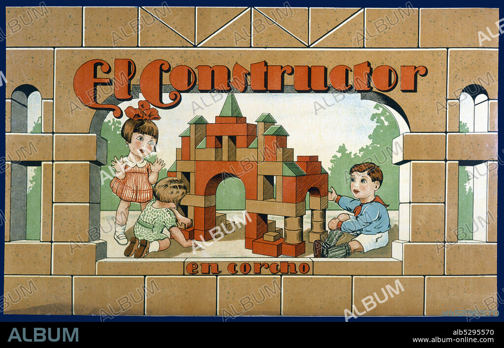 Juguetes de cartón y madera. Caja del juego El Constructor en Corcho, fabricado por Juguetes Borrás, de Mataró. Año 1930.