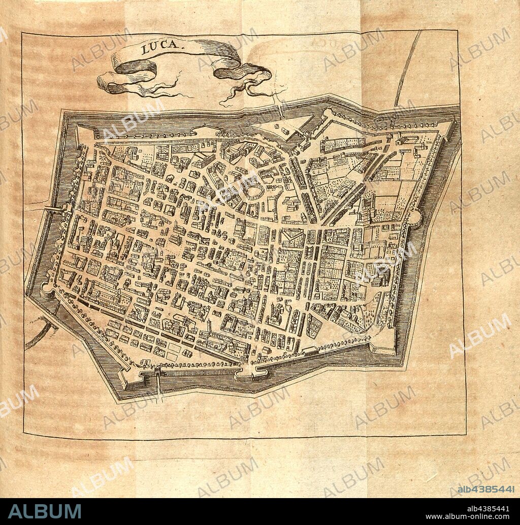 Luca, Plan Lucca, Date Appreciated, S. 804, 1702, Schauplatz des Krieges in Italien, oder accurate Beschreibung der Lombardey: worinnen der Hertzogthümer Meyland, Savoyen, Piemont, Montferrat, Parma, Modena und Mantua, auch derer Republiquen Venedig, Genua und Lucca, ingleichen anderer kleinen Fürstenthümer alte und neue Historie, Geographie und Staats-Verfassung auffs genaueste entworffen wird [...]. Leipzig: bey Thomas Fritschen, 1702.