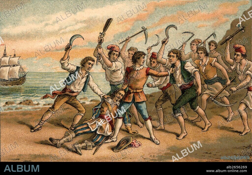 Historia de Catalunya. Barcelona. Corpus de sangre. Muerte del conde de Santa Coloma en Junio de 1640. Cromo editado en 1905.