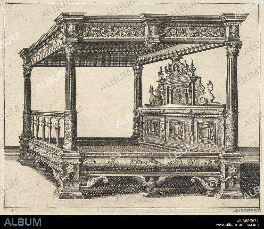 Canopy Bed from 'Verscheyden Schrynwerck (...)' ['Plusieurs Menuiseries (...)']. Artist: Paul Vredeman de Vries (Netherlandish,  Antwerp 1567-1630). Dimensions: Sheet: 8 1/16 × 9 7/8 in. (20.5 × 25.1 cm) [cropped within plate mark]. Publisher: Peter Overadt (German, active Cologne, ca. 1600-1649). Date: 1658.
Design for a wooden canopy bed presented from the side. The bed has an elaboratedly carved, architecturally shaped headboard with a sphinx on either side.