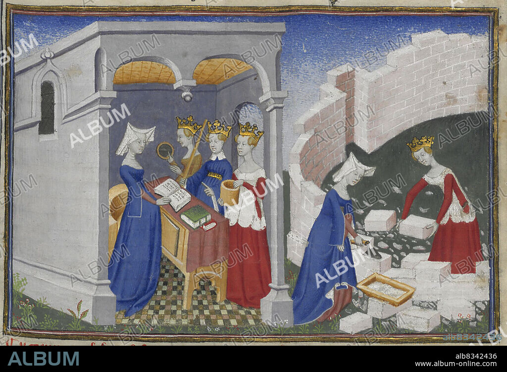 MAîTRE DE LA CITé DES DAMES. Christine de Pizan builds her city. Miniature from Cité des dames by Christine de Pizan.