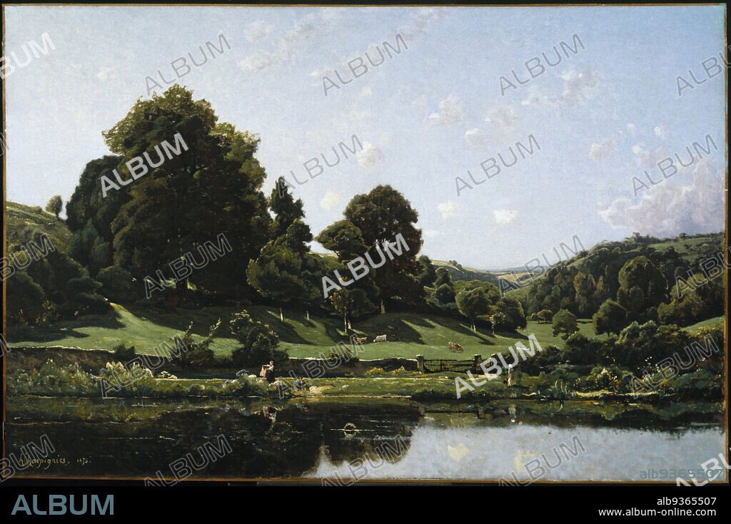 A Meadow in the Bourbonnais, Morning, Une Prairie du Bourbonnais, par un effet de matin, Henri-Joseph Harpignies, French, 1819-1916, Oil on canvas, France, 1876, 44 x 66 in., 111.8 x 167.6 cm, ambitious, Bourbonnais, clouds, European, French Countryside, French Painting, grass, green, idyllic, landscape, meadow, ndd7, pastoral, placid, reflection, river, riverine, rolling, Salon painting, shadow, sky, Sun, trees, utopian, vanishing point.
