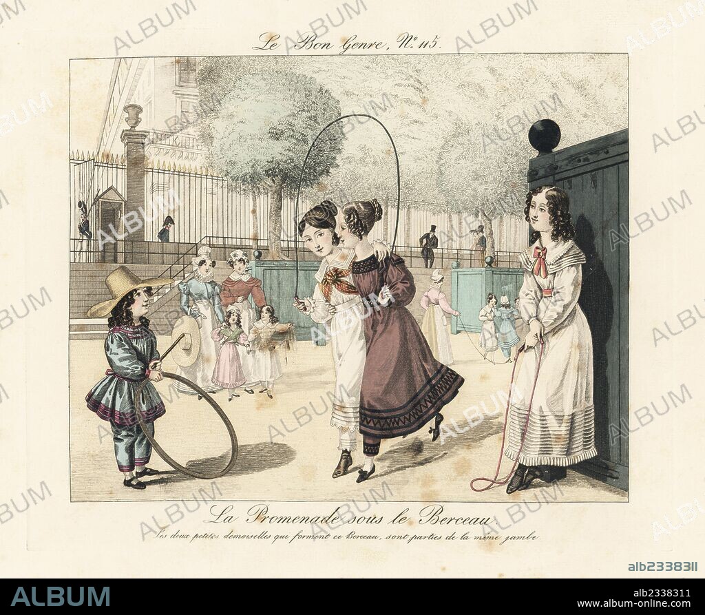 Girls playing the skipping game of Walking under the Arch, boy playing hoop, while another girl watches. Scene in a Paris park. Handcoloured engraving from Pierre de la Mesangere's Le Bon Genre, Paris, 1817.