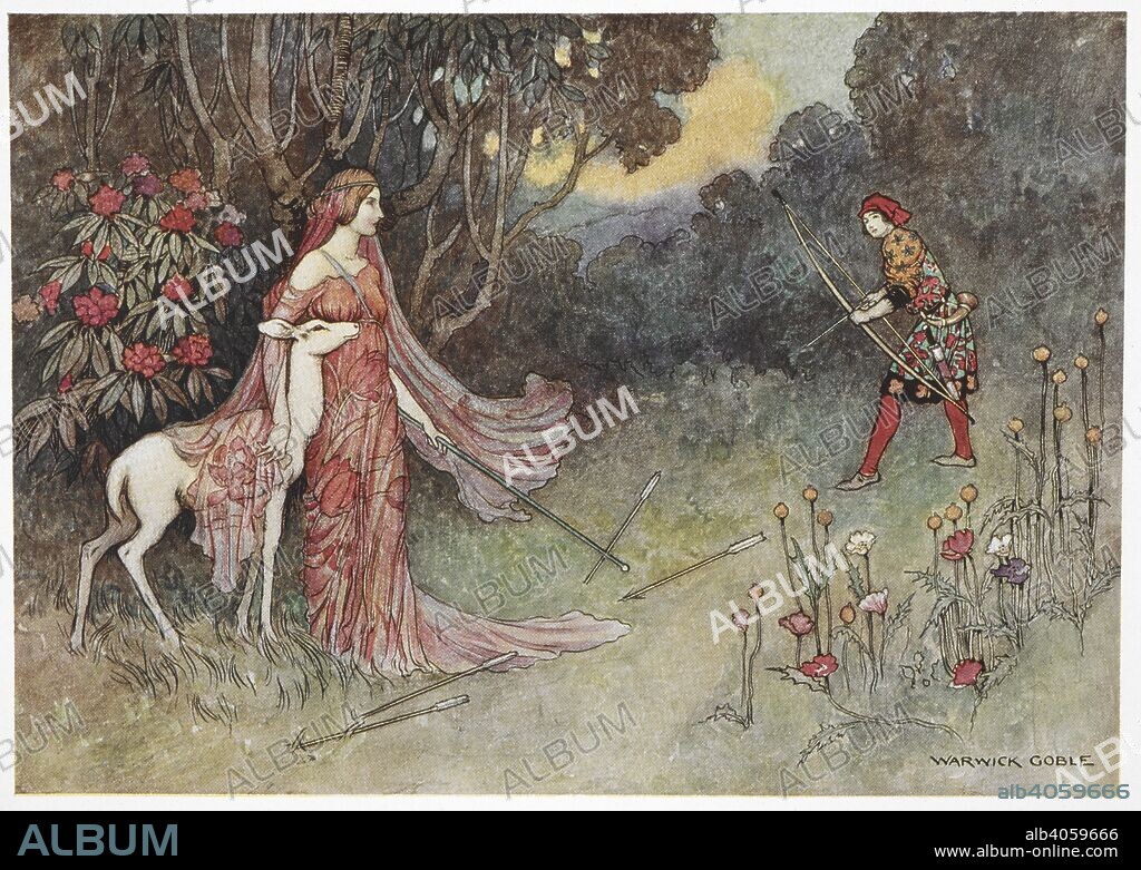 "By the care of the Fairy Tulip, she was not wounded". The Hind of the Forest. The Fairy Book ... By the author of â€œJohn Halifax, Gentlemanâ€ [Dinah Maria Craik] With 32 illustrations in colour by Warwick Goble. London : Macmillan & Co., 1913. Source: 12410.s.5 plate opposite page 358.