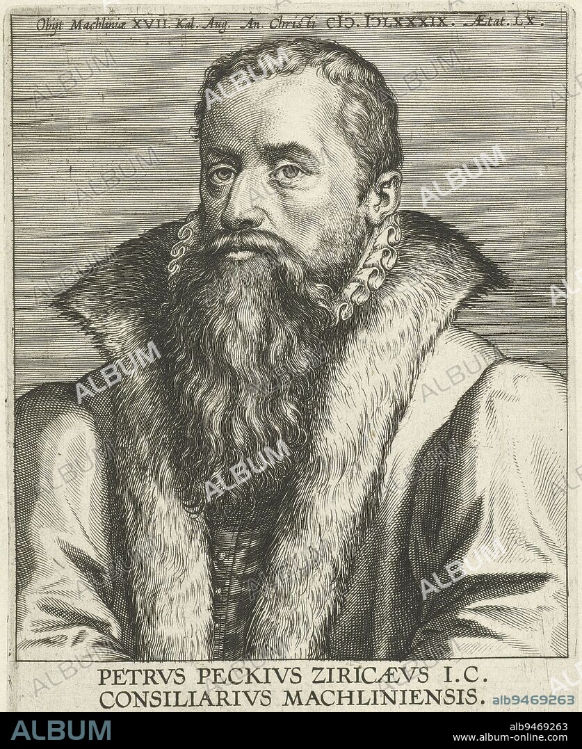 Portrait of Pieter Peck, Dutch jurist and member of the Grand Council of Mechelen Bust to the left. The print has a Latin upper and lower caption and is part of a series of famous Dutch and Flemish scholars, Portrait of Pieter Peck Petrvs Peckivs Ziricaevs Portraits of famous Dutch and Flemish scholars Illustrium Galliae Belgicae scriptorum icones et elogi , print maker: Philips Galle, (attributed to workshop of), Petrus Peckius (de Jonge), publisher: Philips Galle, Antwerp, 1604 - 1608, paper, engraving, h 173 mm × w 112 mm.
