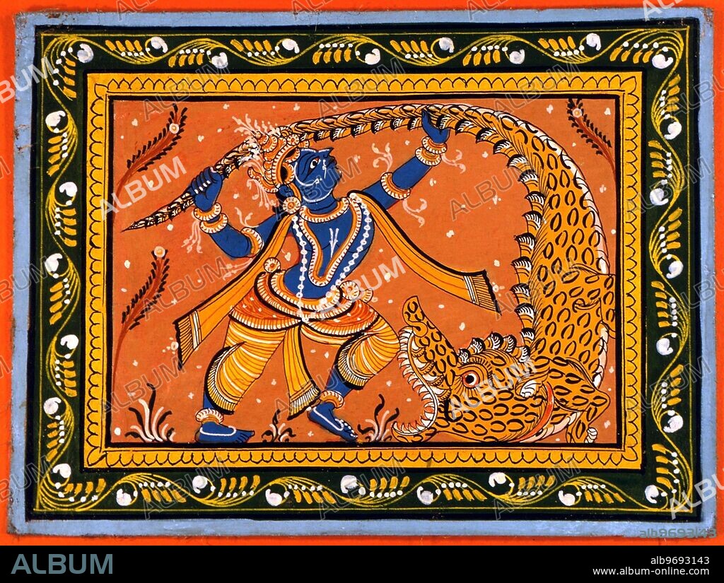 MONSTERS - MAKARA. The Makara (crocodile-like) monster of Hindu mythology, being attacked by Krishna. Indian painting, from Orissa state. circa 1960.