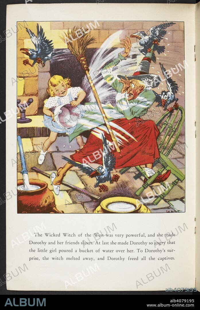 LYMAN FRANK BAUM and PERCY ALEXANDER LEASON. Dorothy throwing a bucket of water over the wicked witch of the west. The Wizard of Oz picture book. London : Hutchinson, [1940]. Source: LB.31.c.9373 page 5.