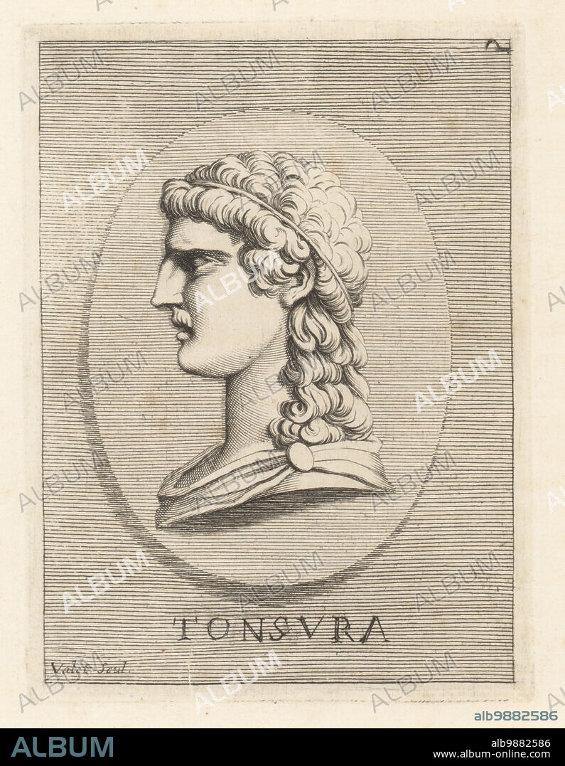 Male head with the Hector cut, a classical hairstyle or tonsure. Trojan mullet style also known as the Hector cut. Abantes or Abantians, an ancient Thracian warrior tribe, also cut their forelocks to prevent enemies from grabbing their hair. From a carnelian gem. Tonsura. Copperplate engraving by Guillaume Vallet after Giovanni Angelo Canini from Iconografia, cioe disegni d'imagini de famosissimi monarchi, regi, filososi, poeti ed oratori dell' Antichita, Drawings of images of famous monarchs, kings, philosophers, poets and orators of Antiquity, Ignatio deLazari, Rome, 1699.