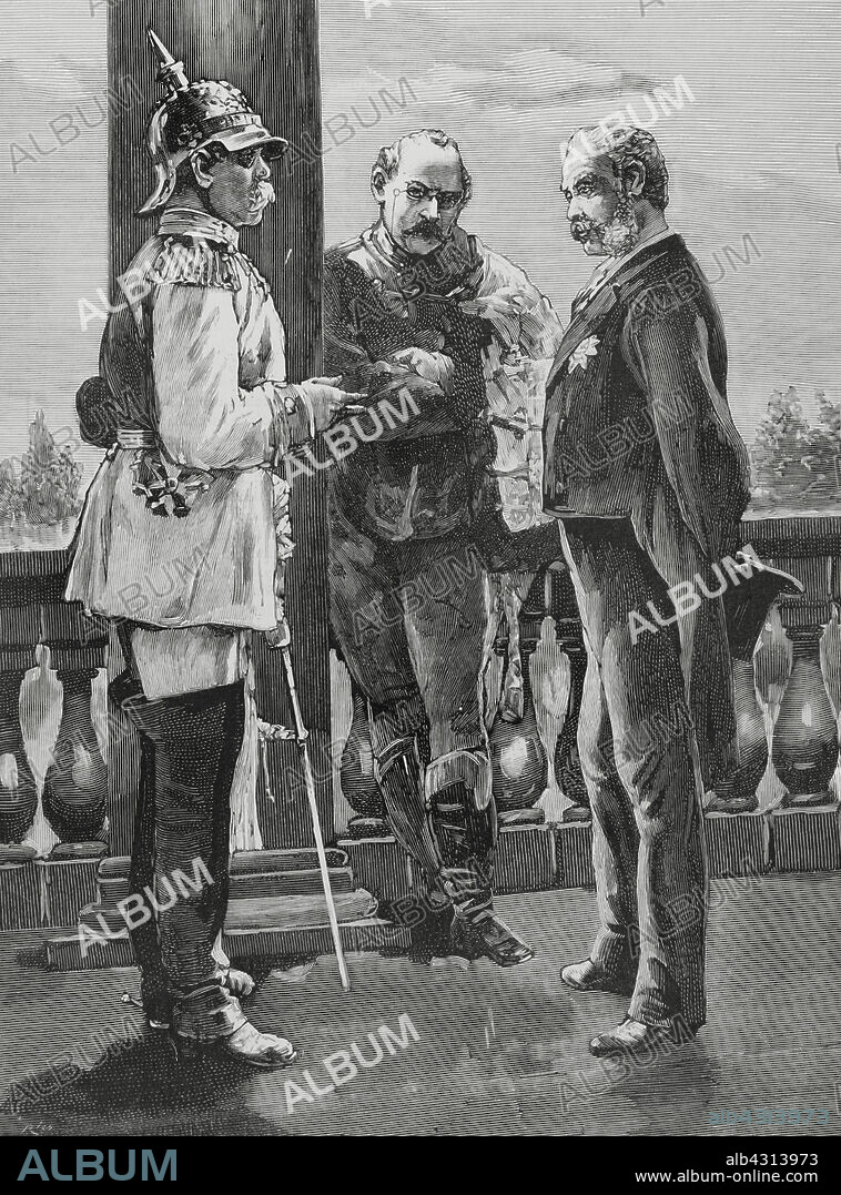 League of the Three Emperors. Alliance formed from 1873 to 1887 by the emperors of the German, Austro-Hungarian and Russian empires. They created a common front to oppose liberal forms of government in Western Europe. Three Emperors' Meeting in Skierniewicz (Poland) (15-17 September, 1884). Chancellors Otto von Bismarck (German), Nikolay Girs (Russian) and Gustave Kálnoky (Austrian). Engraving. The Spanish and American Illustration (La Ilustración Española y Americana), October 8, 1884.