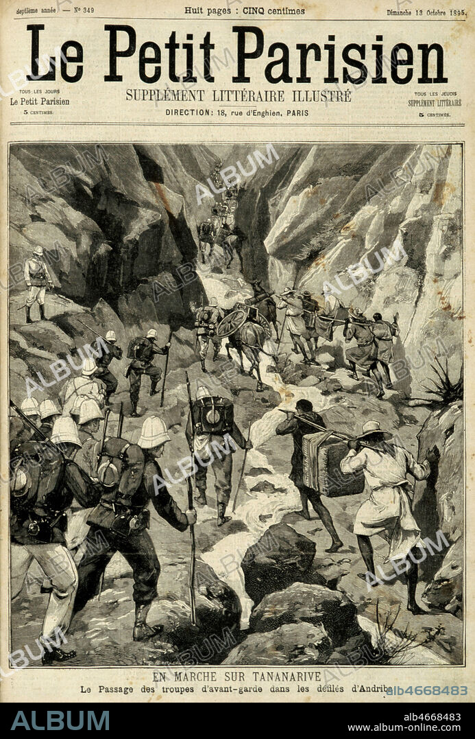 En marche sur Tananarive. Le passage des troupes d'avant-garde dans les defiles d'Andriba. Illustration anonyme pour Le petit Parisien de 1895. Credit : Collection KHARBINE-TAPABOR.