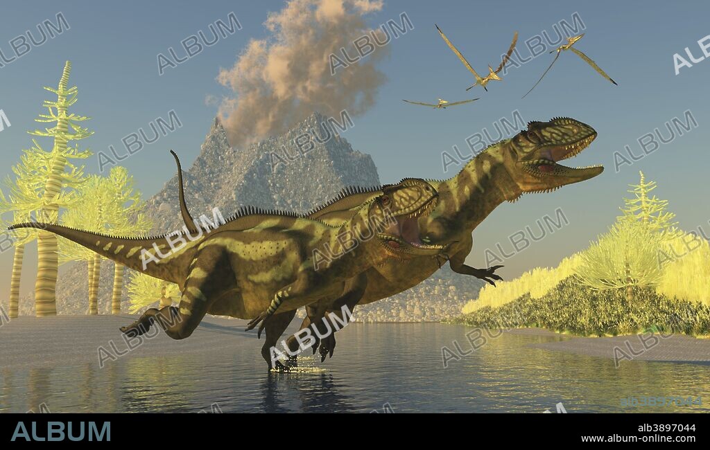 Two Yangchuanosaurus dinosaurs running across a stream as a volcano erupts with smoke and ash.