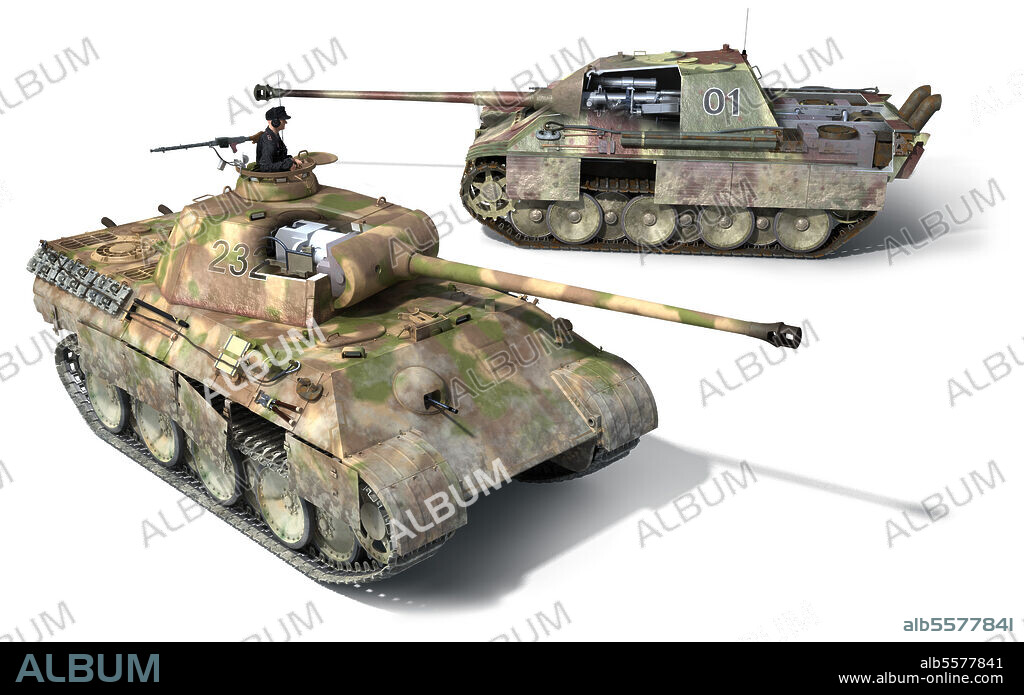 The PzV Panther was the main medium tank of the German Army during the last years of WWII. You can see the Panther Ausf G and the tank destroyer version, the JagdPanther.