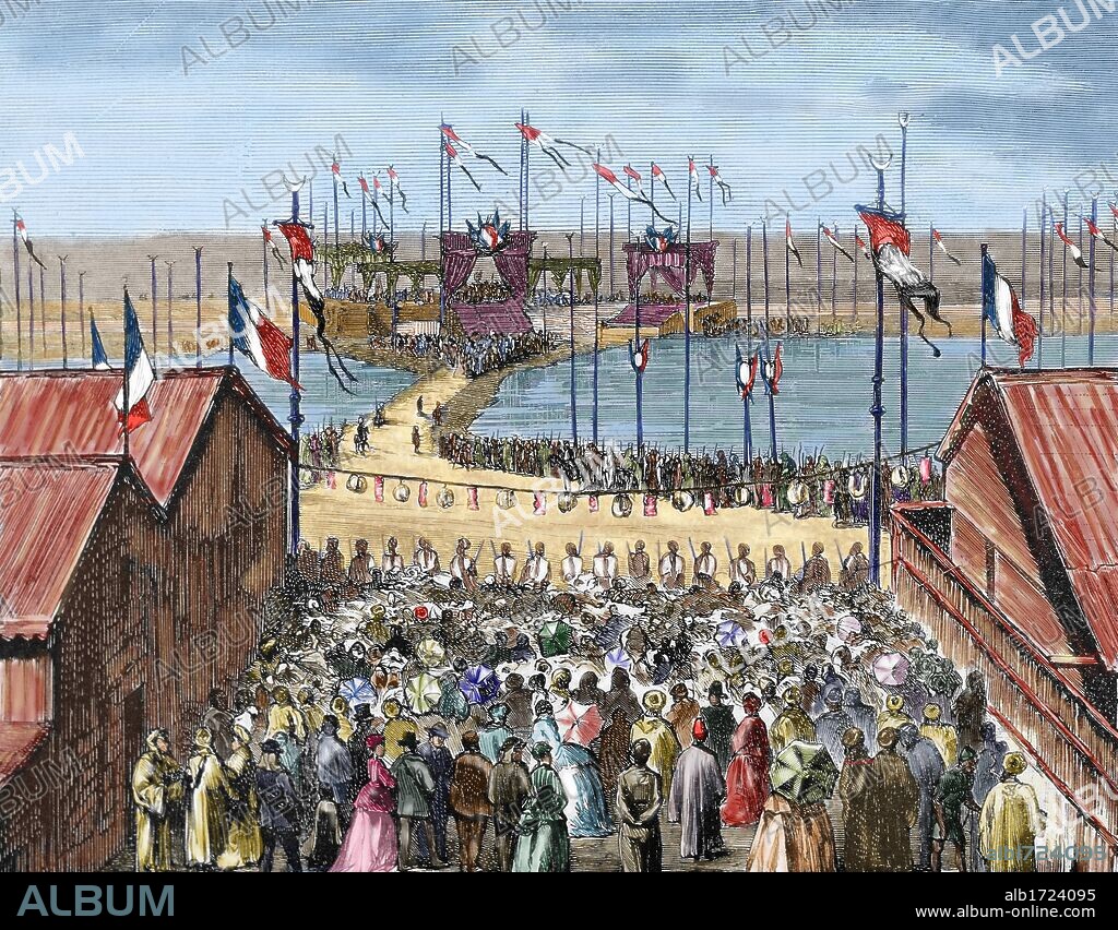 EGIPTO. ISTMO DE SUEZ. Bendición del CANAL DE SUEZ, en Puerto-Said. Grabado coloreado del año 1870.