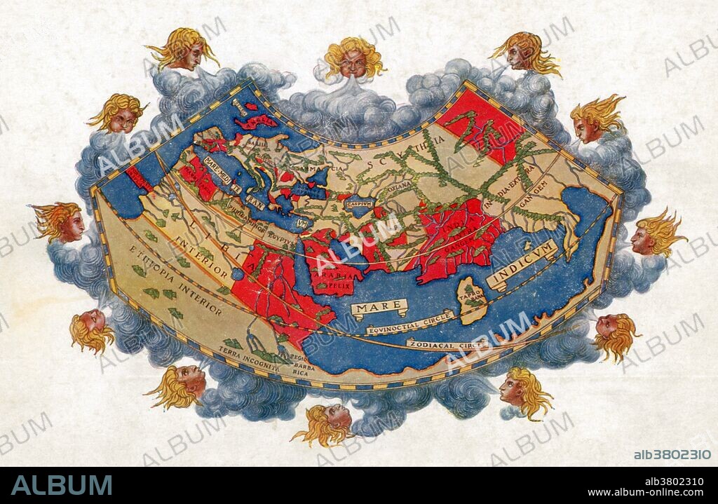 The Ptolemy world map is a map of the known world to Hellenistic society in the 2nd century AD. It was based on the description contained in Ptolemy's book Geographia, written 150 AD. Although authentic maps have never been found, the Geographia contains thousands of references to various parts of the old world, with coordinates for most, which allowed cartographers to reconstruct Ptolemy's world view when the manuscript was re-discovered around 1300 AD. Perhaps the most significant contribution of Ptolemy and his maps is the first uses of longitudinal and latitudinal lines and the specifying of terrestrial locations by celestial observations. When his Geographia was translated from Greek into Arabic in the 9th century and subsequently into Latin in Western Europe at the beginning of the 15th century, the idea of a global coordinate system revolutionized medieval Islamic and European geographical thinking and put it upon a scientific and numerical basis. The map also includes the twelve winds designated by Aristotle. The twelve-wind system remained throughout the Middle Ages as the one most commonly used. In keeping with the mythologic origin of winds for direction finding, they are of necessity placed beyond the confines of the known world-beyond the earth itself, in an outer, celestial sphere.