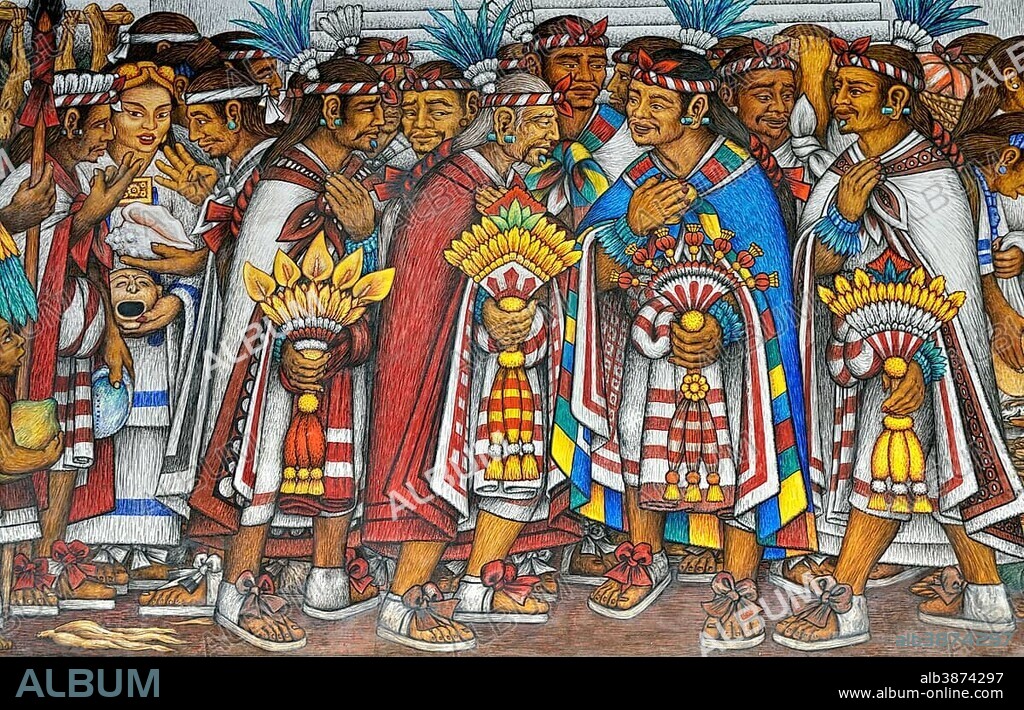 Mural by Desiderio Hernandez Xochitiotzin, Palacio de Gobierno, Tlaxcala, state of Tlaxcala, Mexico