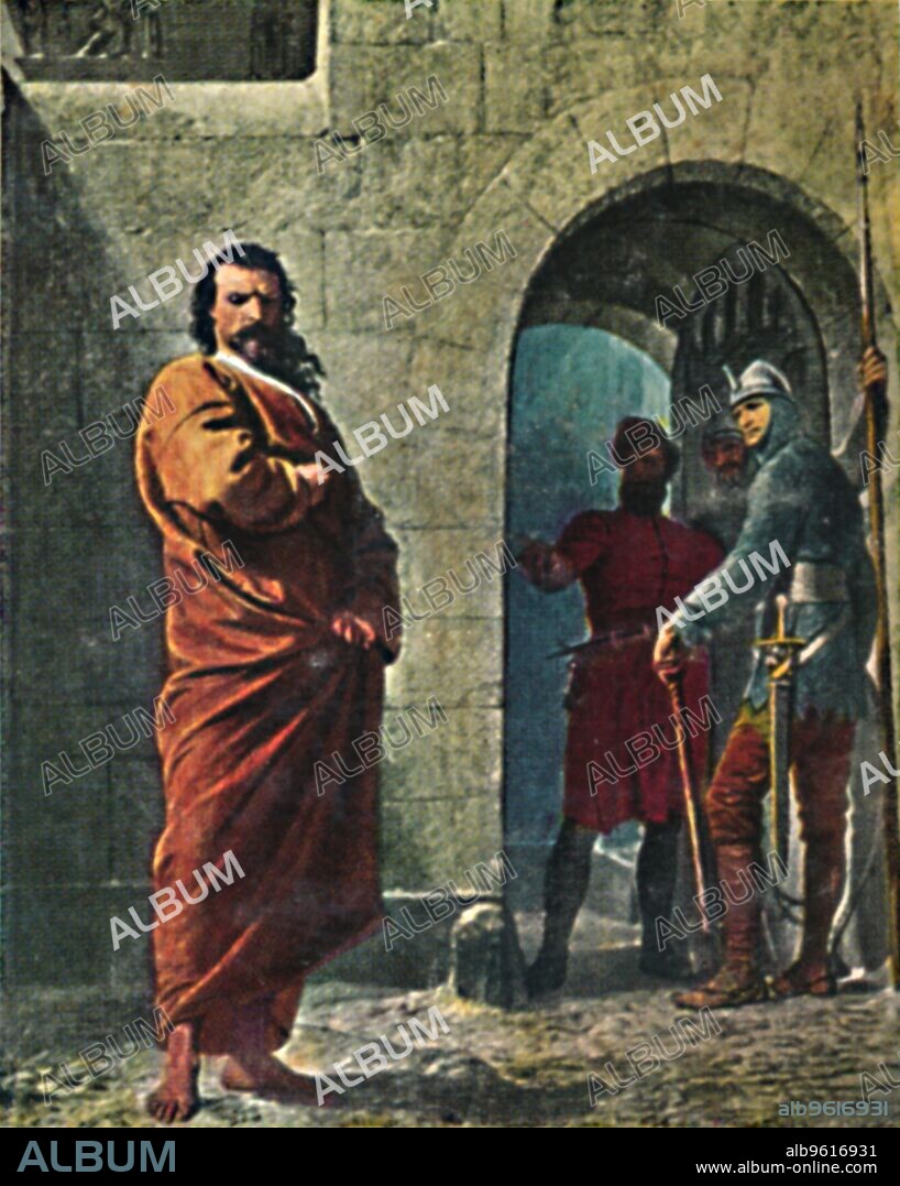 'Kaiser Heinrich IV. 1050-1106', 1934. Henry IV of Germany outside the gates of Canossa, Italy, 1077 (1913). "Barefoot, clad in a hair shirt, Henry appeared before the gates, begging for admission". Henry IV (1050-1106) was King of Germany from 1056 and Holy Roman Emperor from 1084. In 1077, he performed penance outside the gates of Canossa Castle in order to persuade Pope Gregory VII to reverse his excommunication. The incident occurred during the Investiture Controversy, a conflict between church and state that broke out in 1075 and led to Germany being embroiled in civil war for almost half a century. From "Die Großen der Weltgeschichte". [Eckstein-Halpaus, Dresden, 1934].