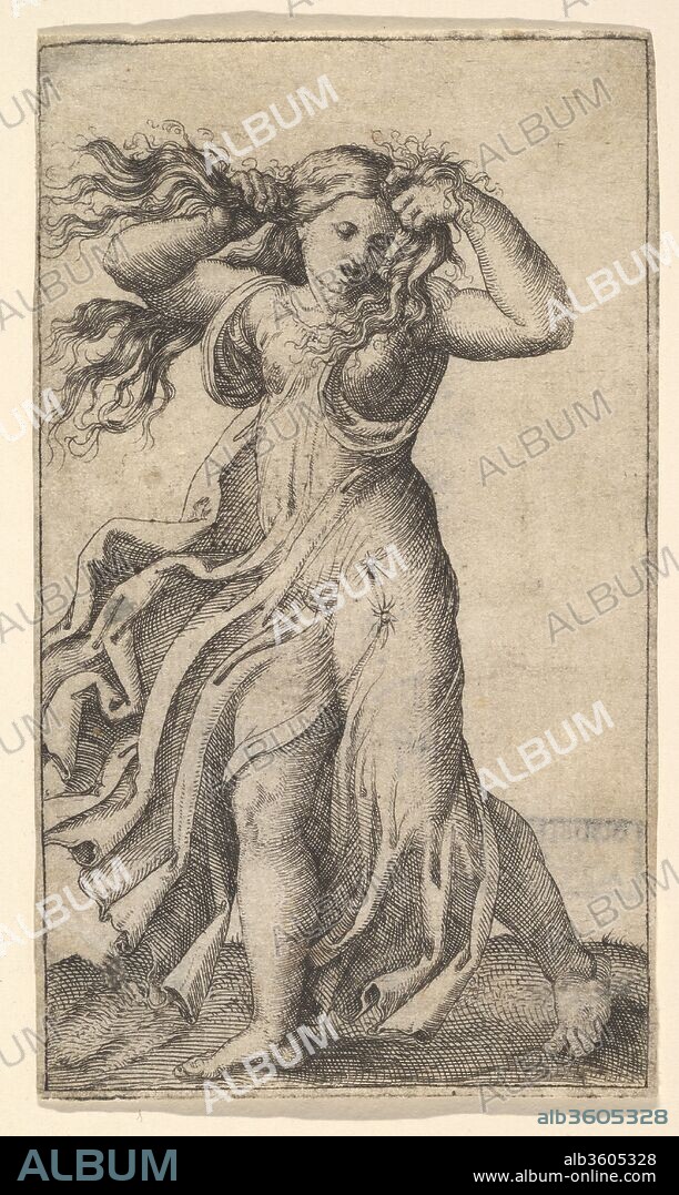 SCHOOL OF MARCANTONIO RAIMONDI and DESIGNED (?) BY FRANCESCO FRANCIA. Woman pulling Her Hair. Artist: School of Marcantonio Raimondi (Italian, Argini (?) ca. 1480-before 1534 Bologna (?)); Designed(?) by Francesco Francia (Italian, Bologna ca. 1447-1517 Bologna). Dimensions: 4 1/8 x 2 3/8 in.  (10.5 x 6.0 cm). Date: ca. 1515.