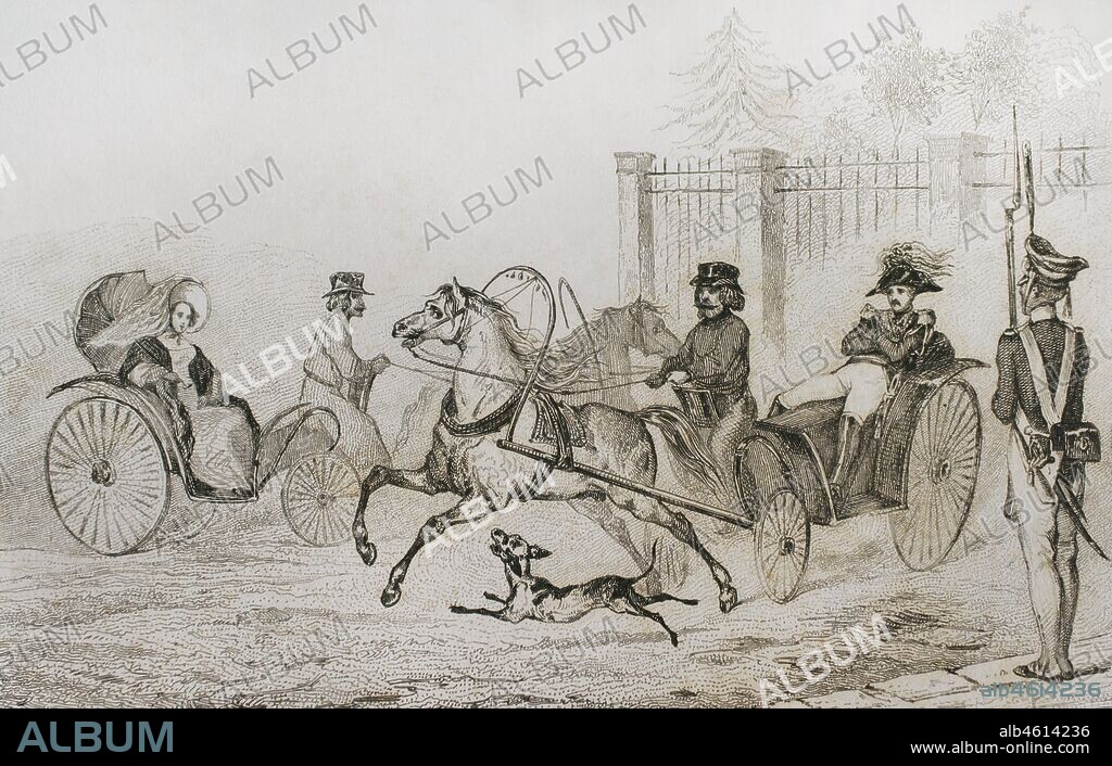 Russia. Droschki, small Russian carriage. Engraving by Lemaitre, Vernier and Chaillot. History of Russia by Jean Marie Chopin (1796-1870). Panorama Universal, Spanish edition, 1839.