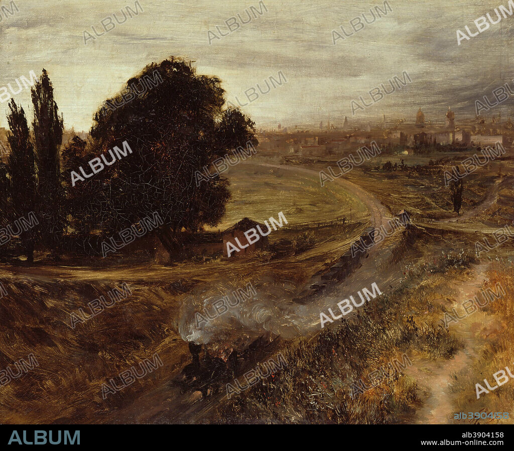 ADOLPH VON MENZEL. Die Berlin-Potsdamer Bahn / The Berlin-Potsdam Railway. Date/Period: 1847. Painting. Oil on canvas. Height: 42 cm (16.5 in); Width: 52 cm (20.4 in).