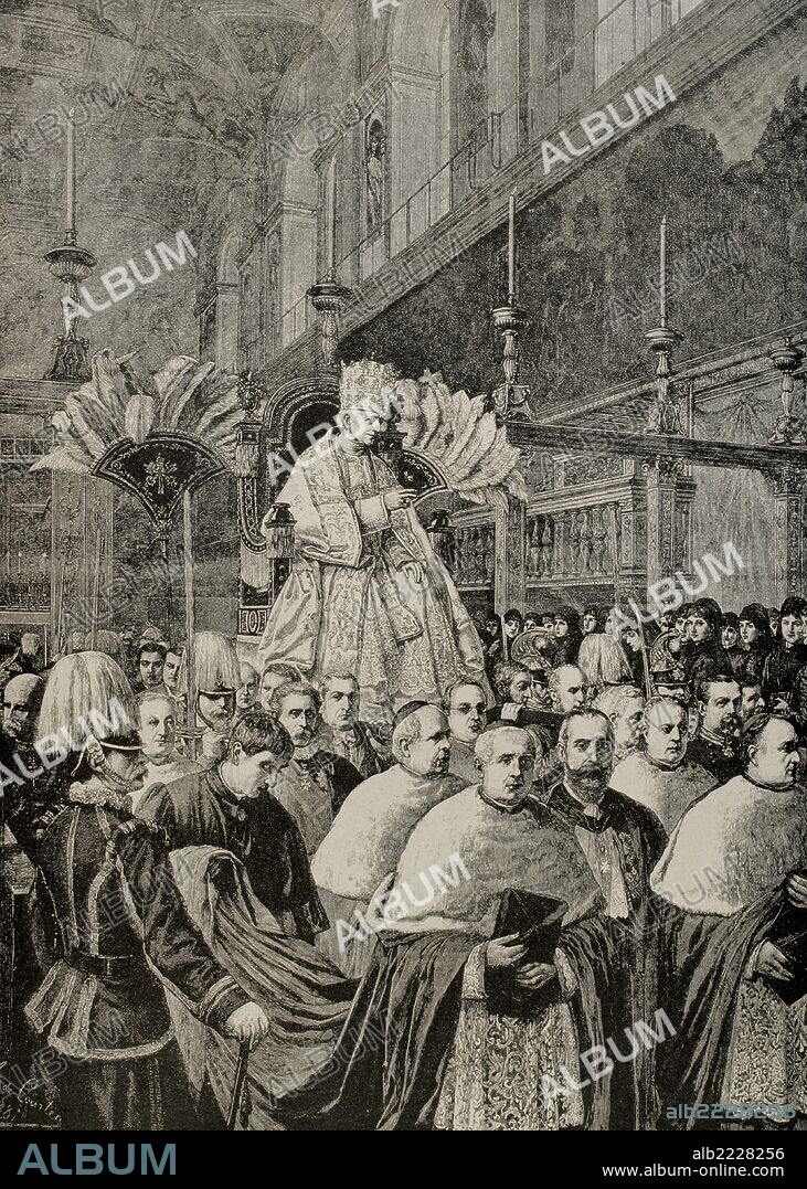ANGELO COURTEN. Leo XIII (1810-1903). Italian Pope (1878-1903), named Vincenzo Gioacchino Pecci. Pope Leo XIII giving a blessing Urbi et Orbi, after the Pontifical Mass from the gestatorial chair. Engraving in The Iberian Illustration, 1888.
