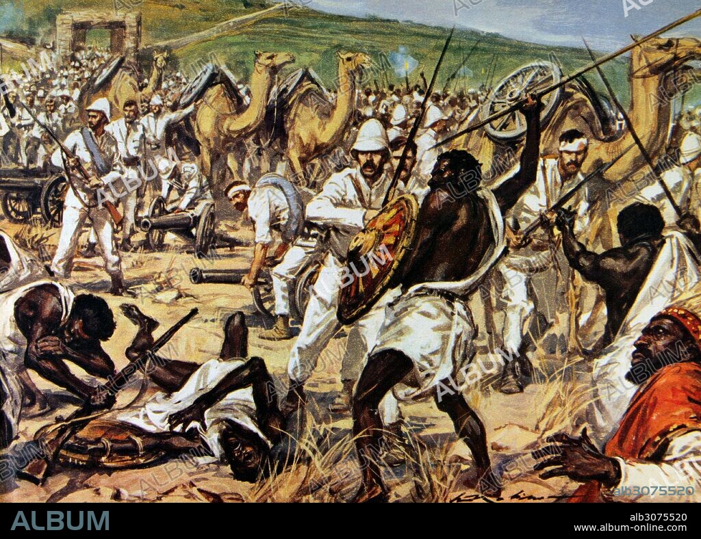 PRIMERA GUERRA ITALO-ETIOPE. Invasión italiana de Etiopia, 1895-1896. Victoria etíope contra la agresión de un país colonialista europeo. "El ejérciot de Makonnen Wolde Mikael (1852-1906) o Ras Makonnen luchando contra los italianos durante el asedio de Mekele, enero de 1896". Dibujo del ilustrador italiano Walter Molino (1915-1997). La Domenica del Corriere.