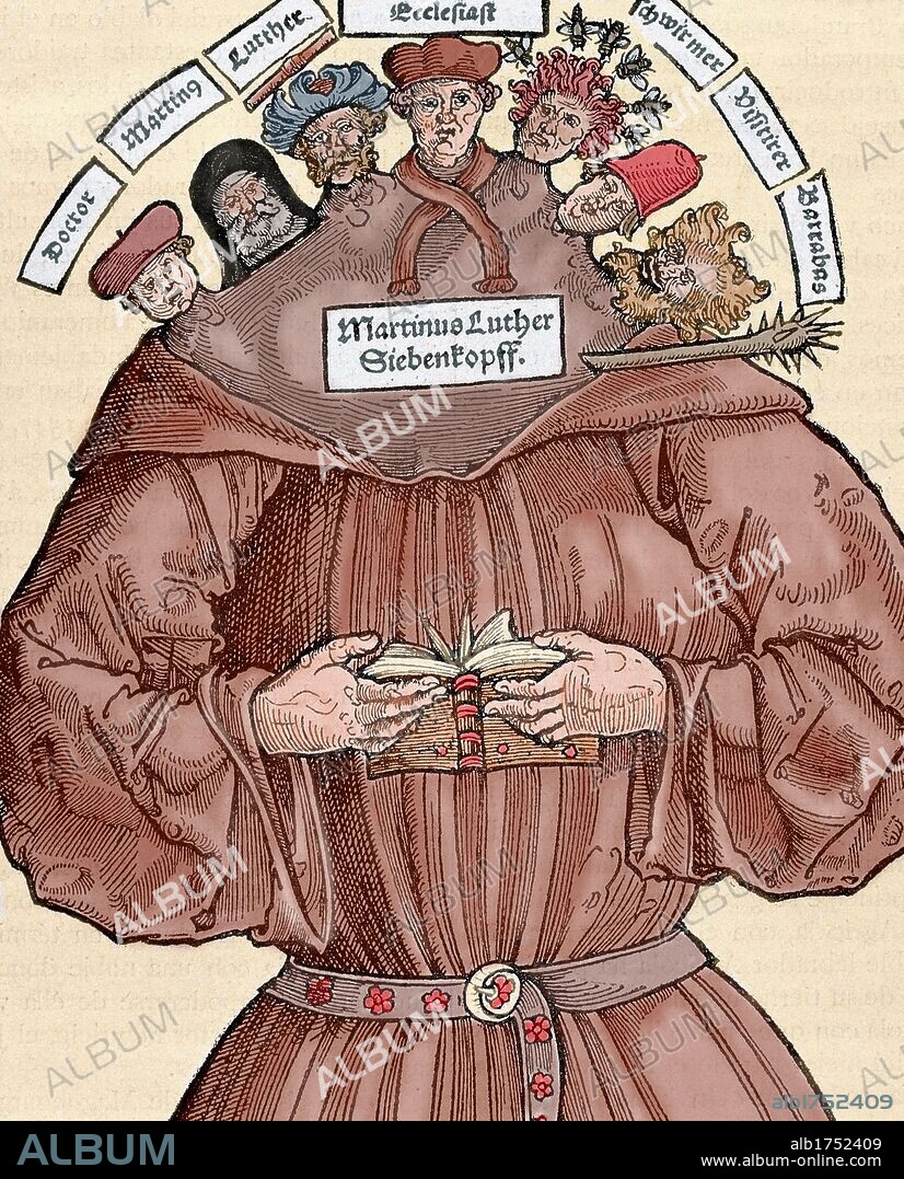 HANS BROSAMER. REFORMA PROTESTANTE (S. XVI). ALEMANIA. Facsímil del grabado de un impreso satírico publicado contra Martín Lutero (1483-1546). Coloreado.