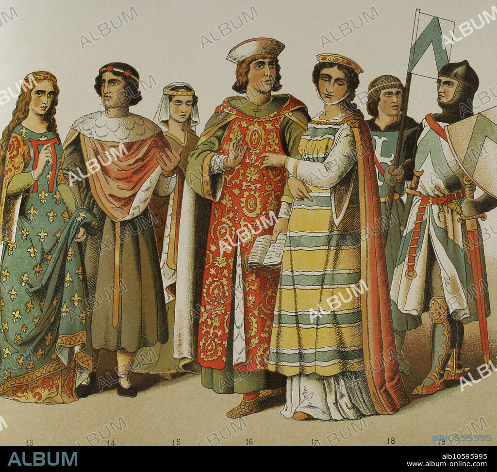 Historia de Francia. 1200. De izquierda a derecha, 13: dama noble, 14: noble, 15: dama noble, 16: noble, 17: princesa, 18-19: guerreros. Cromolitografía. "Historia Universal", por César Cantú. Tomo VI, 1885.