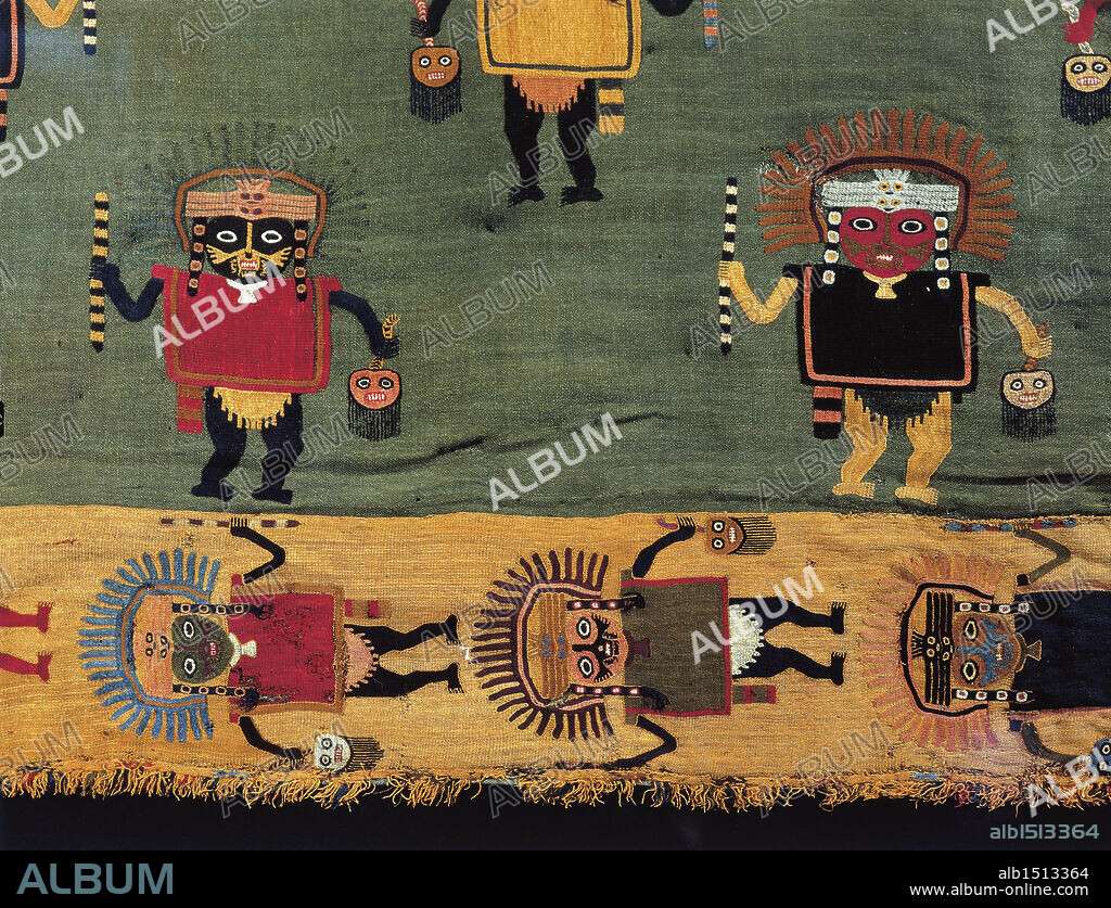Pre-Inca civilization, Peru, 3rd century b.C. Paracas culture. Fabric with figures, details from a funeral cloak.